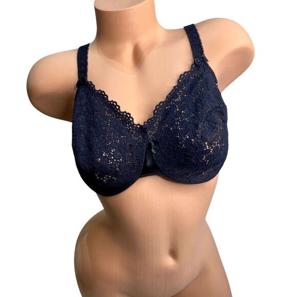Vintage Vanity Fair 36D Full Figure daisy lace UnderWire Bra BLACK 75080 - Picture 1 of 7